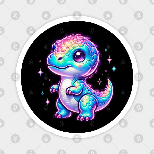 Chibi Baby Dino Neon Holographic Colorful Kawaii Magnet by Lavender Celeste